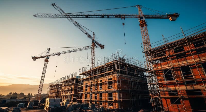 Construction site with cranes and structural steel
